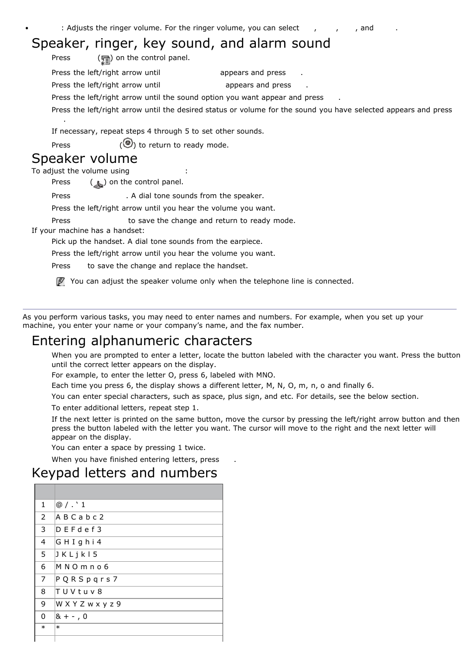 Entering characters using the number keypad, Speaker, ringer, key sound, and alarm sound, Speaker volume | Entering alphanumeric characters, Keypad letters and numbers | Dell 1135n Multifunction Mono Laser Printer User Manual | Page 25 / 138