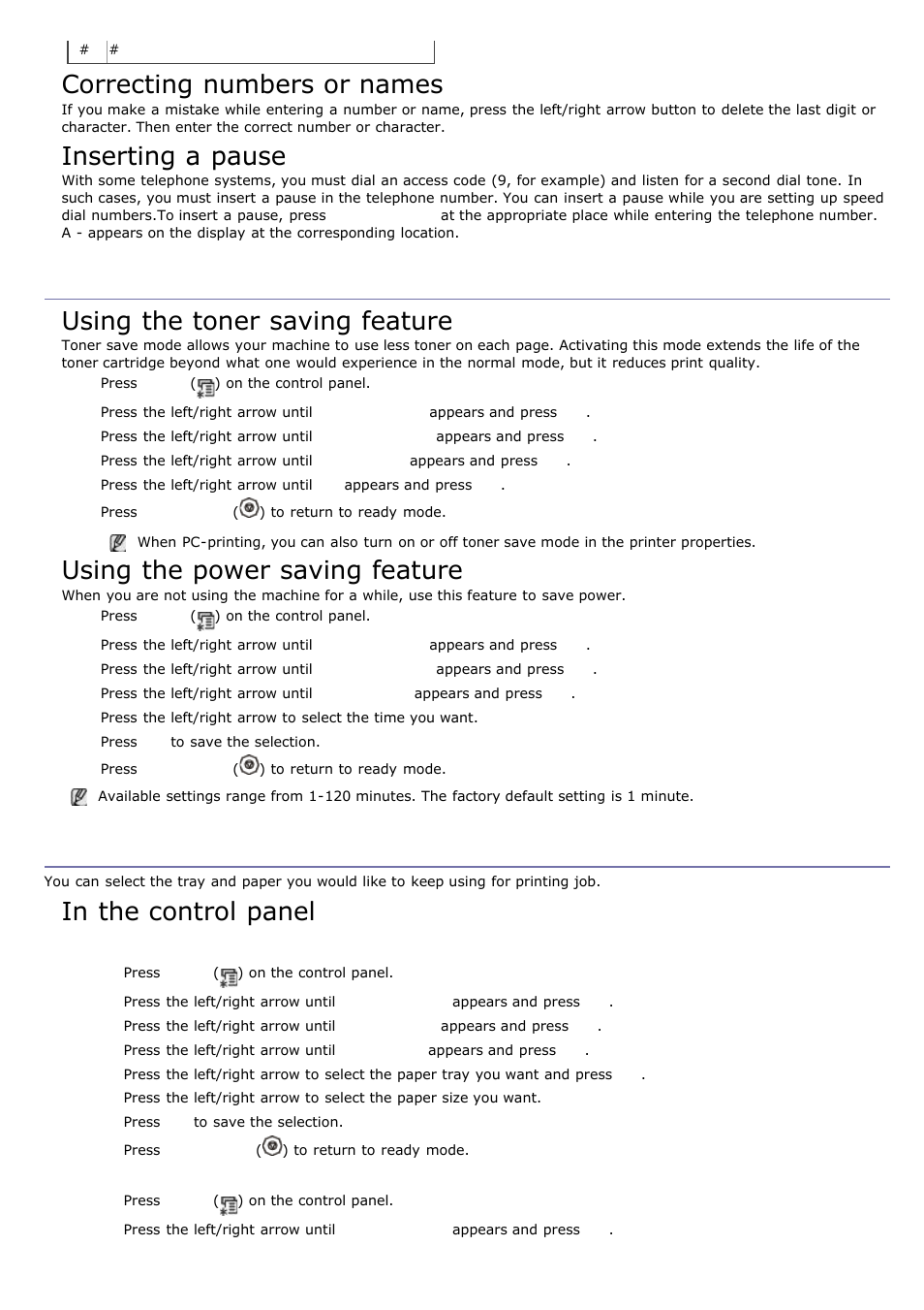 Using the save modes, Setting the default tray and paper, Correcting numbers or names | Inserting a pause, Using the toner saving feature, Using the power saving feature, Setting the paper size, Setting the paper type | Dell 1135n Multifunction Mono Laser Printer User Manual | Page 26 / 138