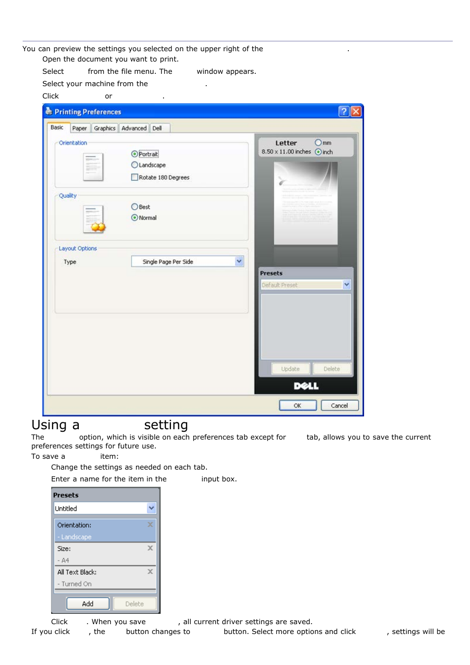 Opening printing preferences, Using a presets setting | Dell 1135n Multifunction Mono Laser Printer User Manual | Page 31 / 138