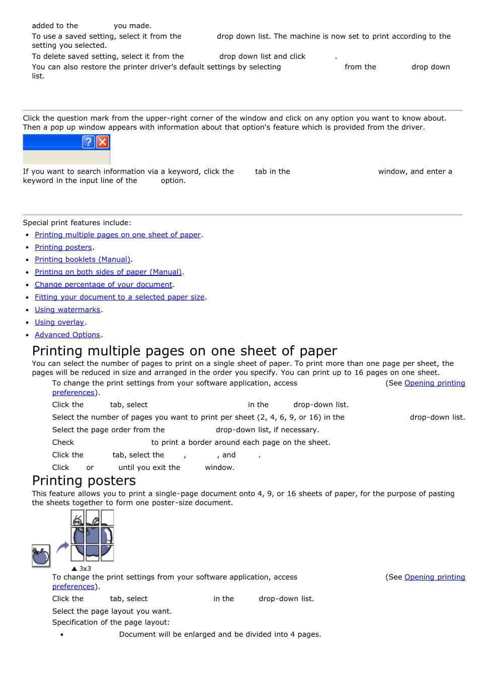 Using help, Printing posters, Printing multiple | Using help using special print features, Using special print features, Printing multiple pages on one sheet of paper | Dell 1135n Multifunction Mono Laser Printer User Manual | Page 32 / 138