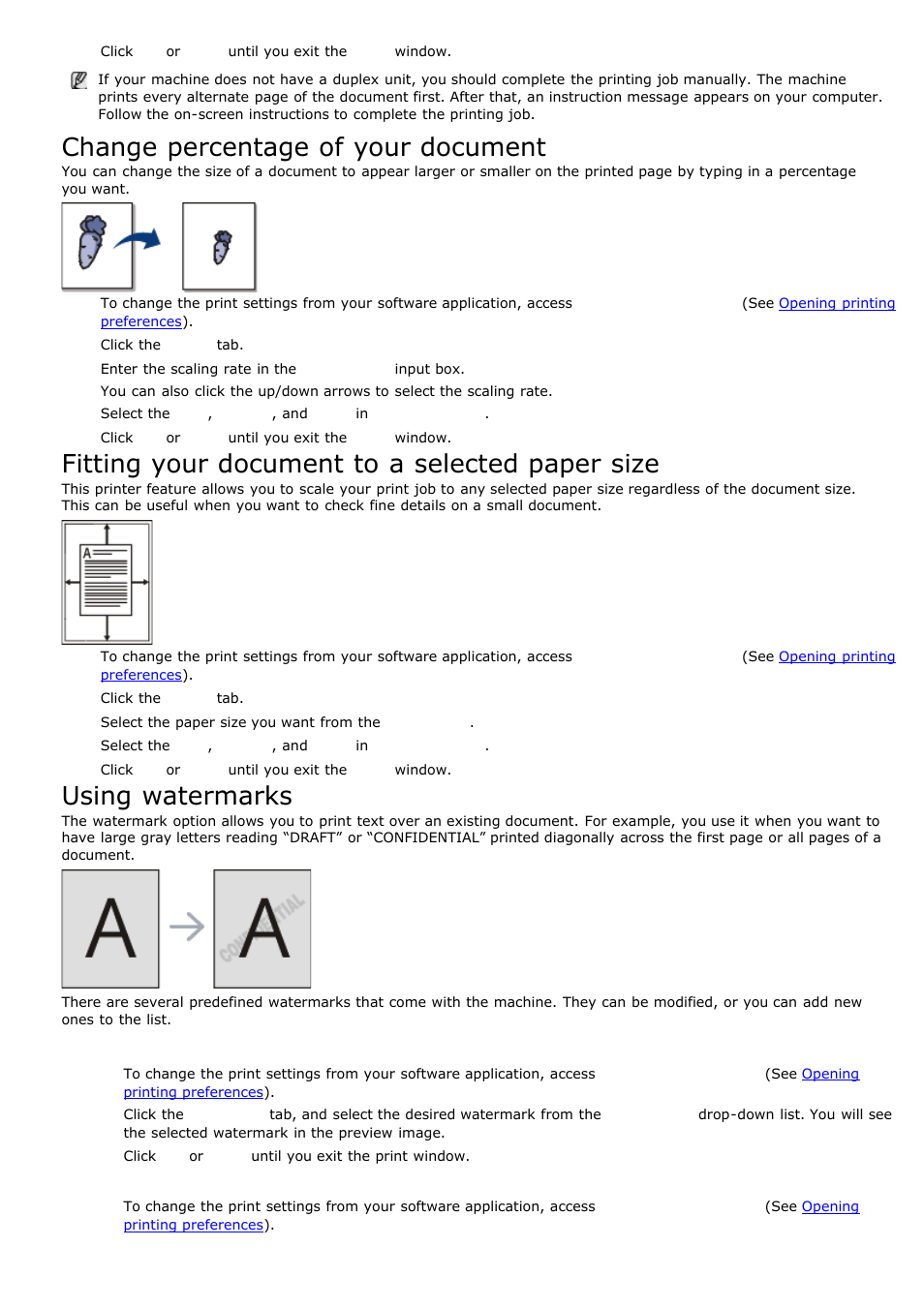 Using watermarks, Change percentage of your document, Fitting your document to a selected paper size | Using an existing watermark, Creating a watermark | Dell 1135n Multifunction Mono Laser Printer User Manual | Page 34 / 138