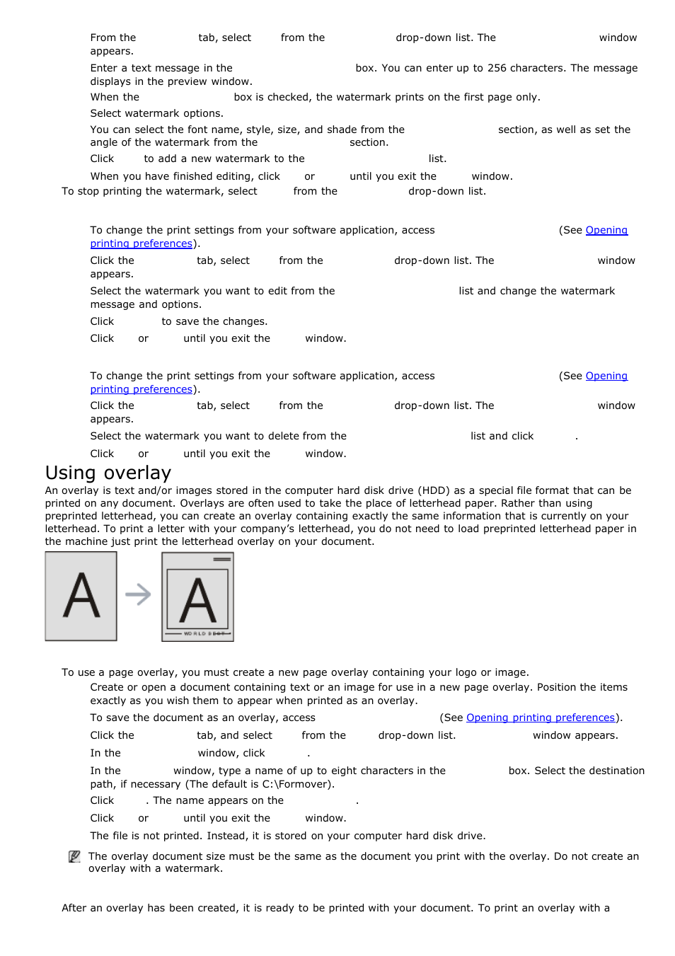 Using overlay, Editing a watermark, Deleting a watermark | Creating a new page overlay, Using a page overlay | Dell 1135n Multifunction Mono Laser Printer User Manual | Page 35 / 138