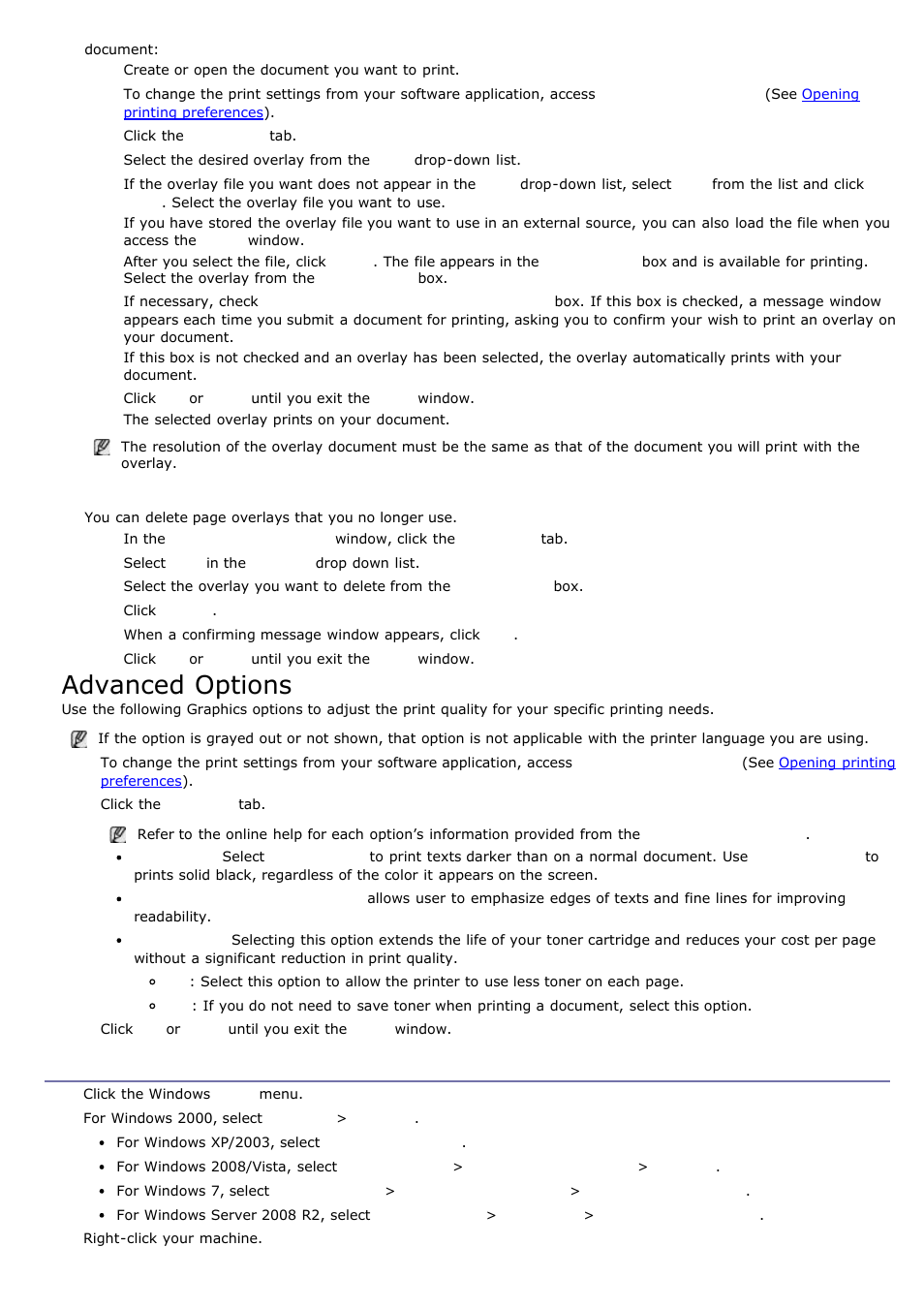 Changing the default print settings, Advanced options, Deleting a page overlay | Dell 1135n Multifunction Mono Laser Printer User Manual | Page 36 / 138