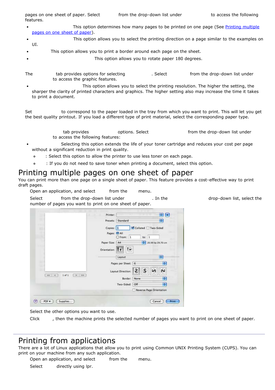 Linux printing, Printing multiple pages on one sheet of paper, Printing from applications | Graphics, Paper, Printer settings | Dell 1135n Multifunction Mono Laser Printer User Manual | Page 39 / 138