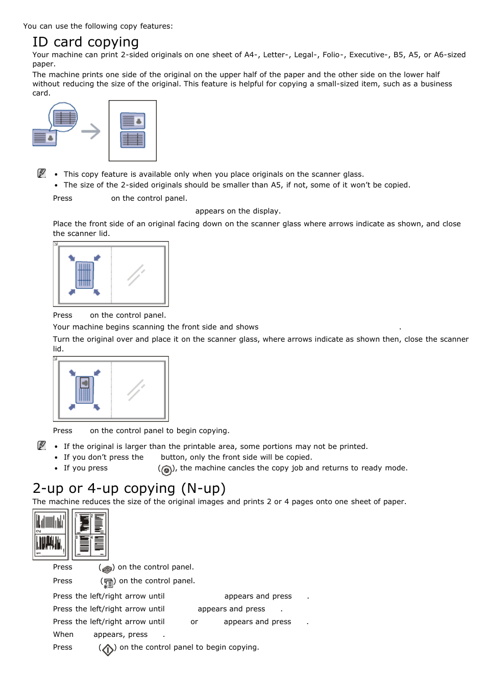 Id card copying, Up or 4-up copying (n-up) | Dell 1135n Multifunction Mono Laser Printer User Manual | Page 44 / 138