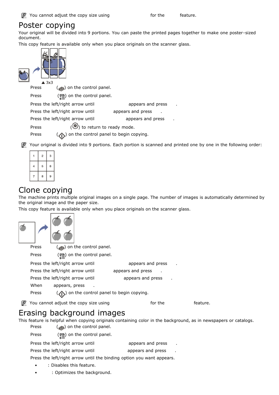 Poster copying, Clone copying, Erasing background images | Dell 1135n Multifunction Mono Laser Printer User Manual | Page 45 / 138