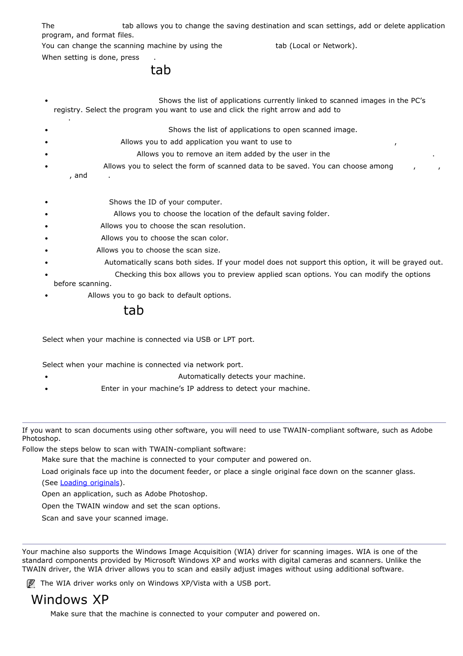 Scanning with twain-enabled software, Scanning using the wia driver, Set scan button tab | Change port tab, Windows xp, Scan destination, Scan property, Local scanner, Network scanner | Dell 1135n Multifunction Mono Laser Printer User Manual | Page 49 / 138