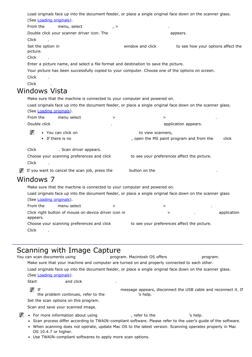 Macintosh scanning, Windows vista, Windows 7 | Scanning with image capture | Dell 1135n Multifunction Mono Laser Printer User Manual | Page 50 / 138