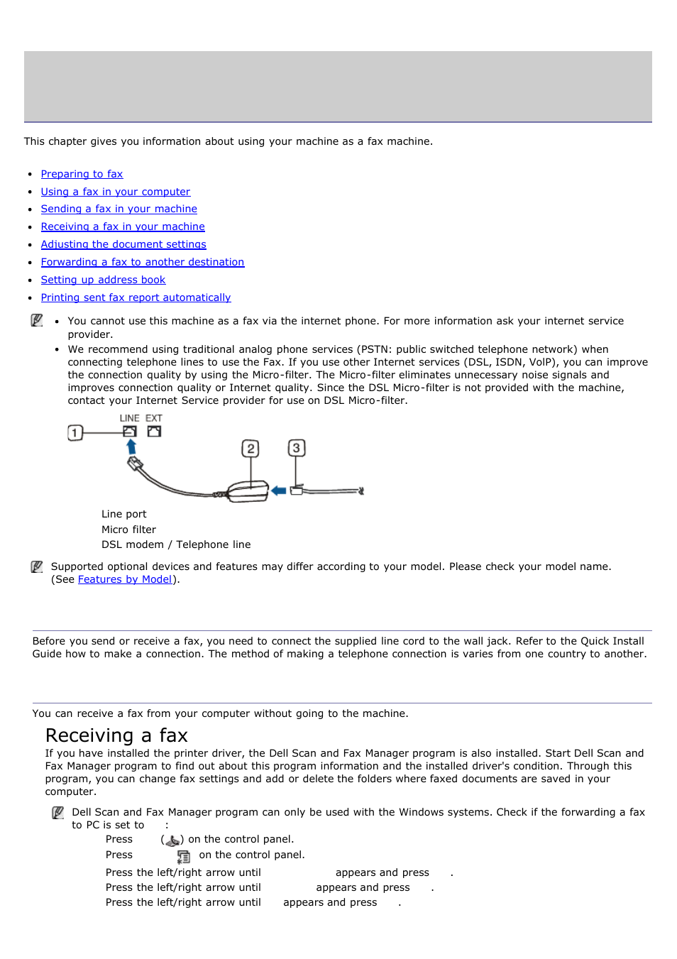 Faxing, Preparing to fax, Using a fax in your computer | Receiving a fax | Dell 1135n Multifunction Mono Laser Printer User Manual | Page 55 / 138