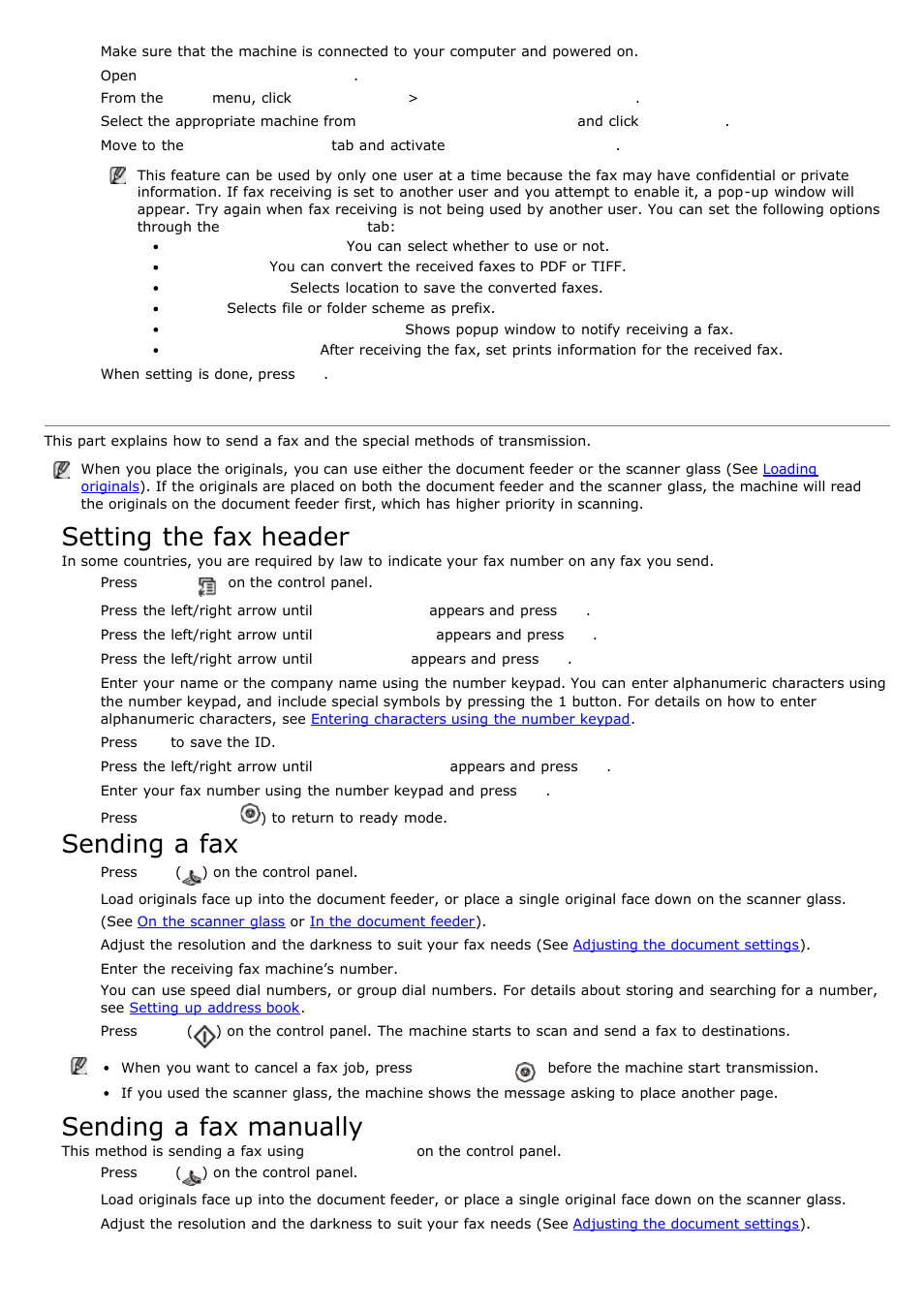 Sending a fax in your machine, Setting the fax header, Sending a fax | Sending a fax manually | Dell 1135n Multifunction Mono Laser Printer User Manual | Page 56 / 138