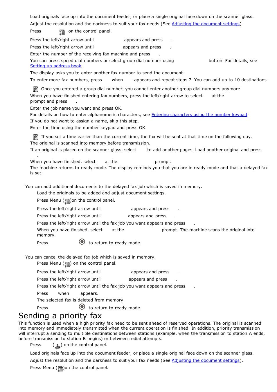 Sending a priority fax, Adding documents to a reserved delay fax job, Canceling a reserved delay fax job | Dell 1135n Multifunction Mono Laser Printer User Manual | Page 58 / 138