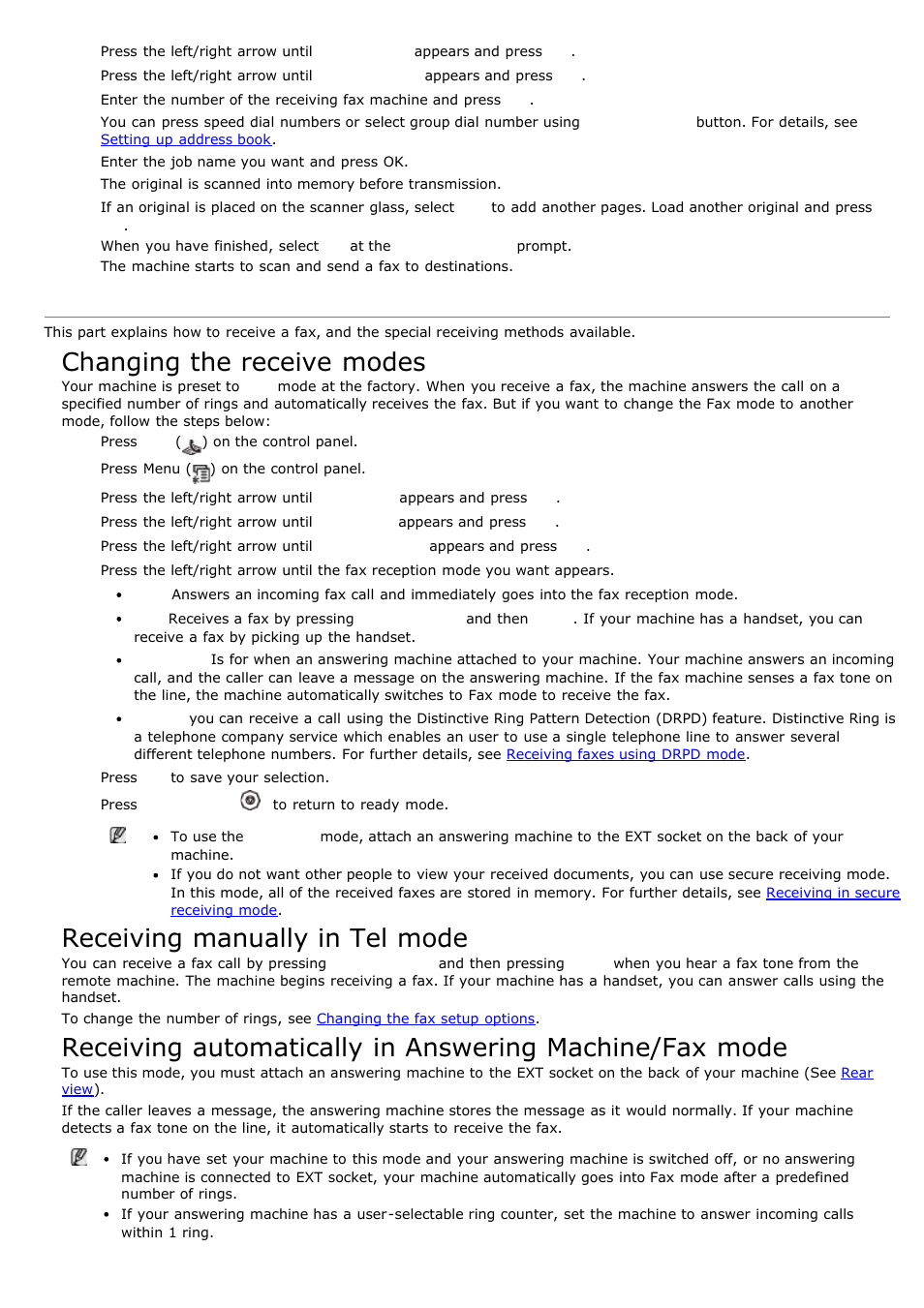 Receiving a fax in your machine, Changing the receive modes, Receiving manually in tel mode | Dell 1135n Multifunction Mono Laser Printer User Manual | Page 59 / 138