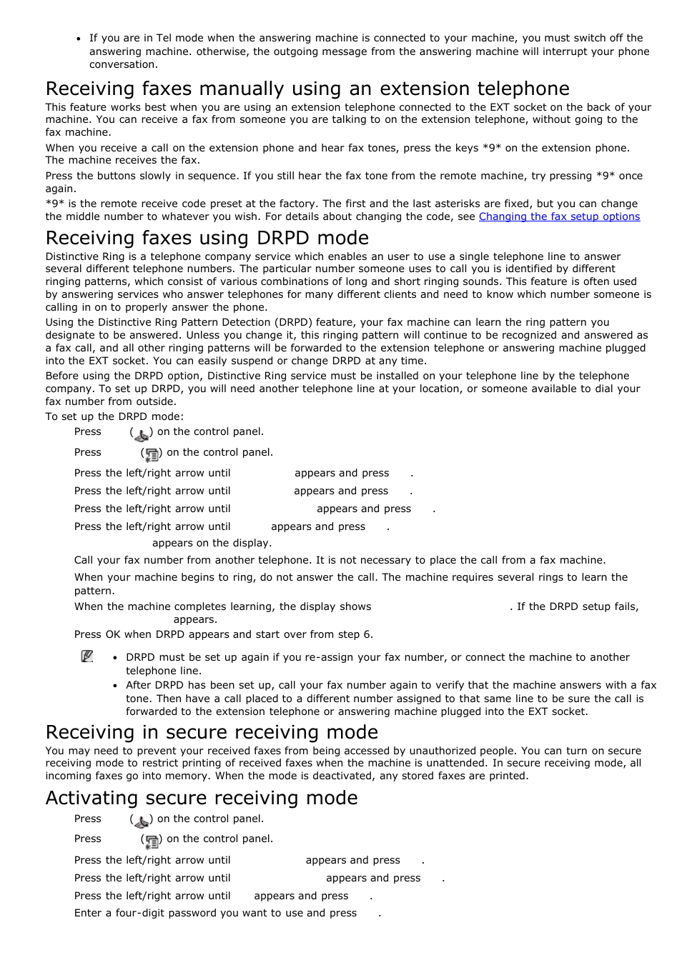 Receiving faxes using drpd mode, Receiving in secure, Receiving mode | Receiving in secure receiving mode, Activating secure receiving mode | Dell 1135n Multifunction Mono Laser Printer User Manual | Page 60 / 138