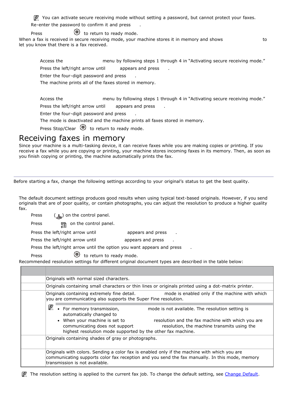 Adjusting the document settings, Resolution, Printing received faxes | Deactivating secure receiving mode | Dell 1135n Multifunction Mono Laser Printer User Manual | Page 61 / 138