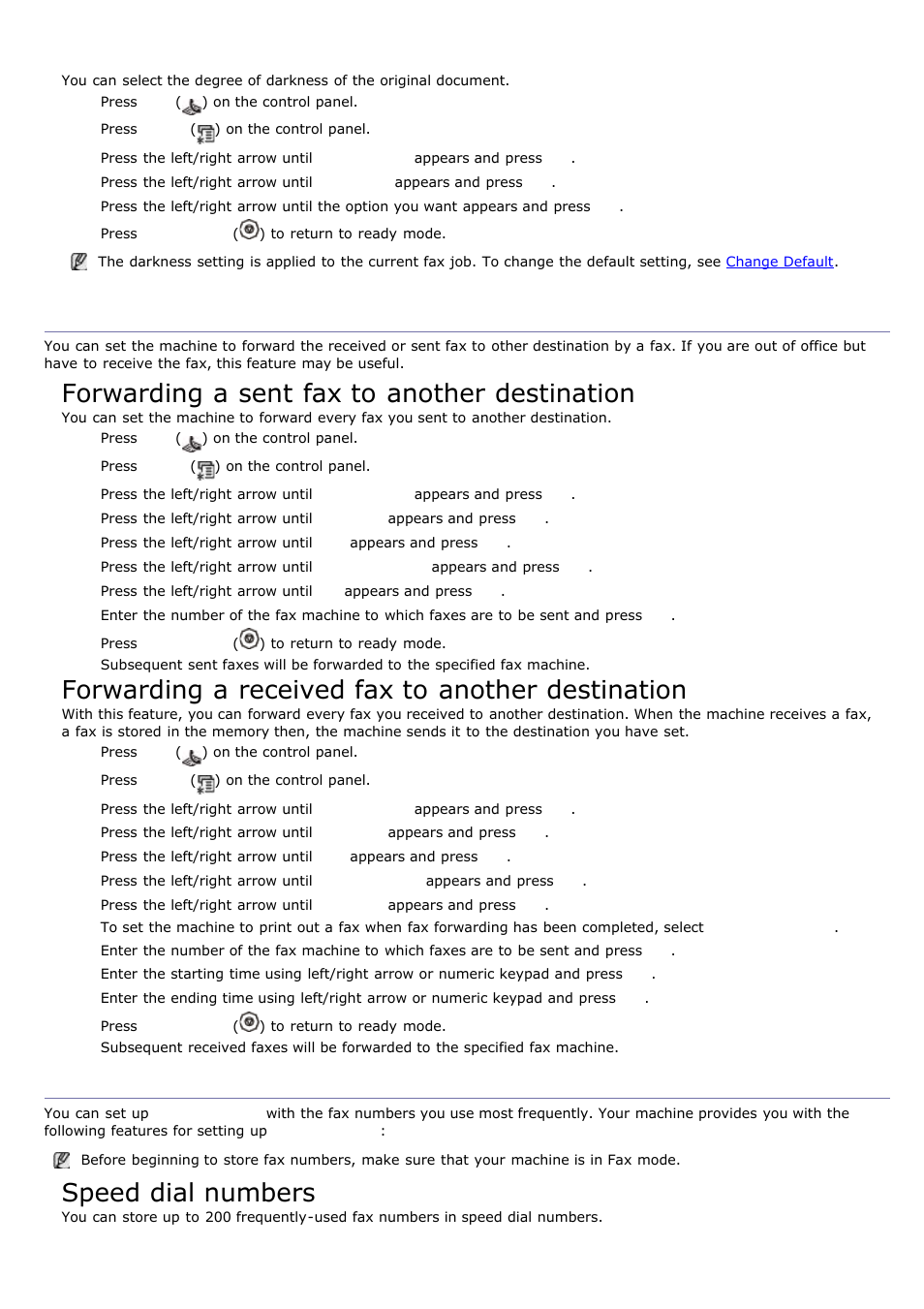 Setting up address book, Forwarding a fax to another destination, Darkness | Forwarding a sent fax to another destination, Forwarding a received fax to another destination, Speed dial numbers | Dell 1135n Multifunction Mono Laser Printer User Manual | Page 62 / 138