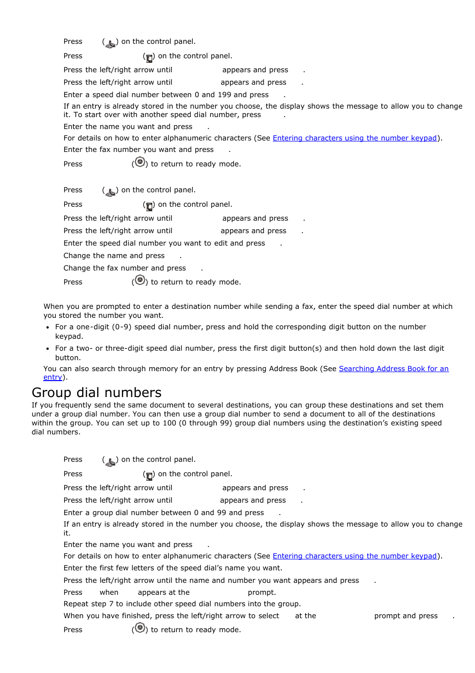 Group dial numbers, Registering a speed dial number, Editing speed dial numbers | Using speed dial numbers, Registering a group dial number | Dell 1135n Multifunction Mono Laser Printer User Manual | Page 63 / 138
