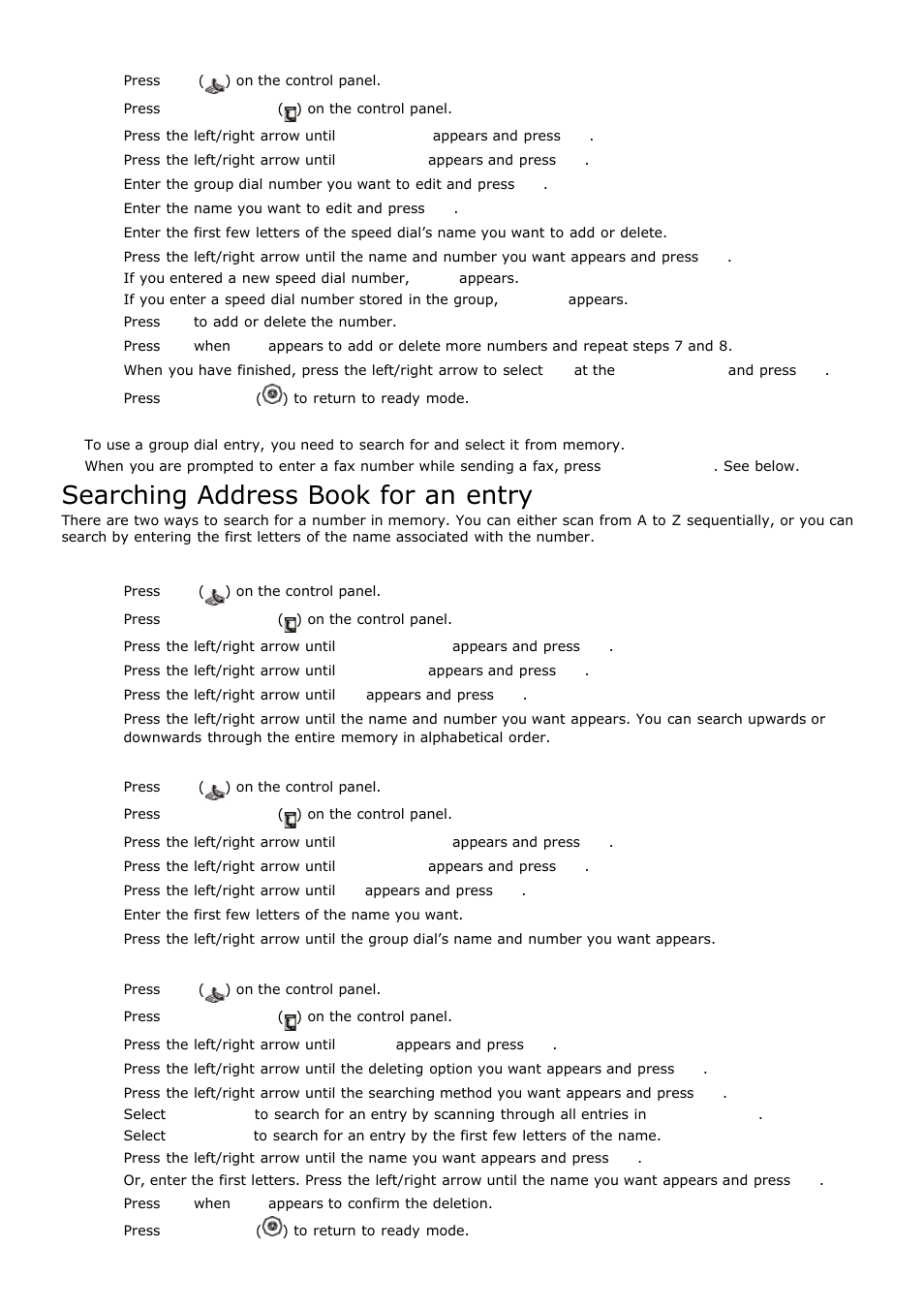 Searching address book for an, Entry, Searching address book for an entry | Editing a group dial number, Using group dial numbers, Deleting a address book for entry | Dell 1135n Multifunction Mono Laser Printer User Manual | Page 64 / 138