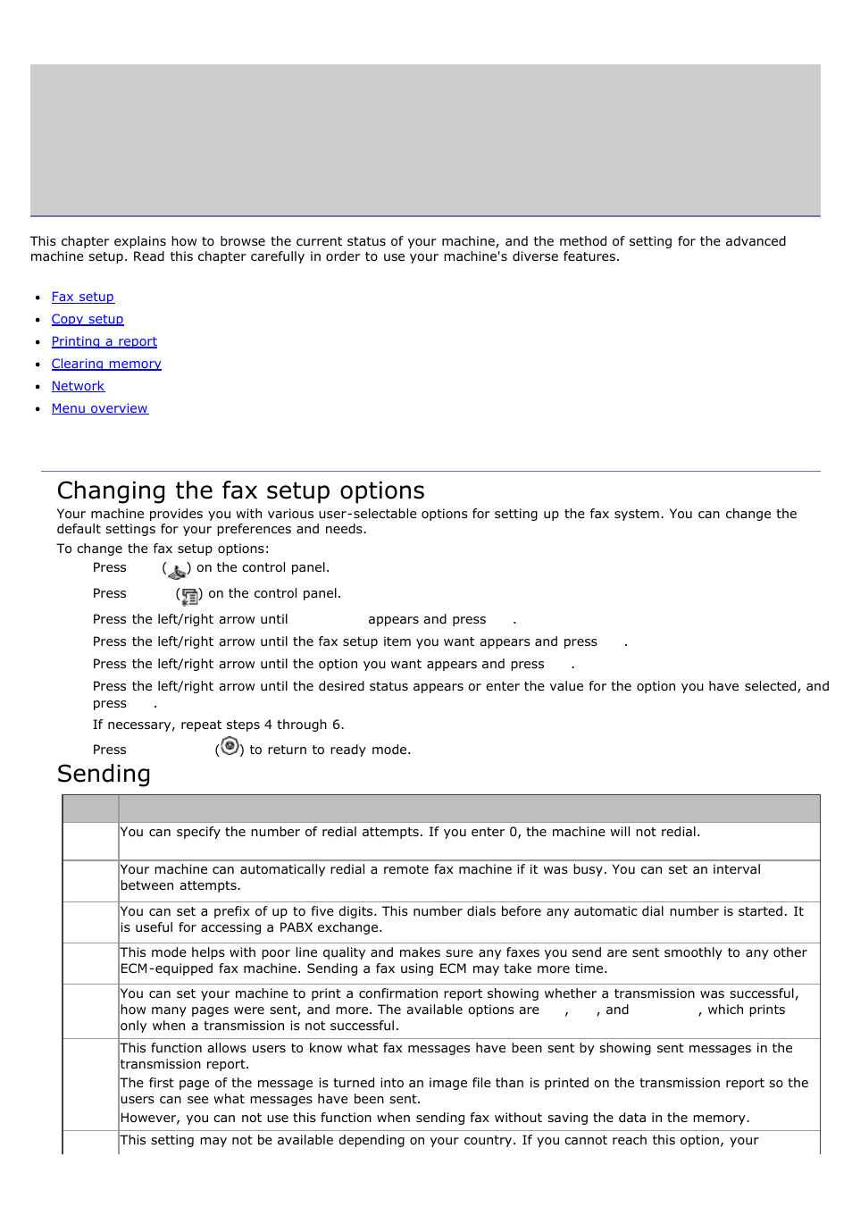 Machine status and advanced feature, Changing the fax setup, Options | Changing the fax setup options, Fax setup, Sending | Dell 1135n Multifunction Mono Laser Printer User Manual | Page 66 / 138
