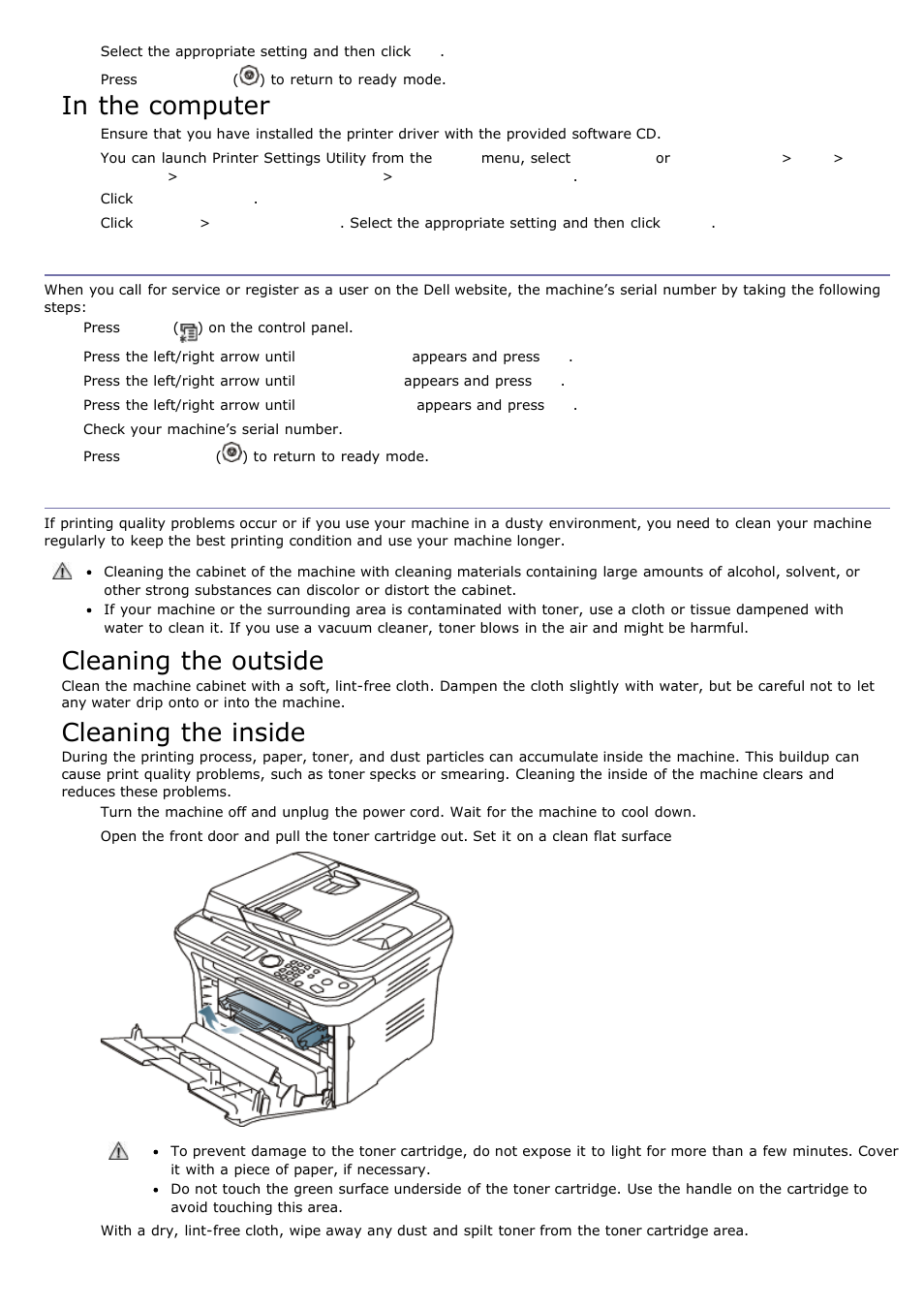 Finding the serial number, Cleaning the machine, Cleaning the outside | Cleaning the inside | Dell 1135n Multifunction Mono Laser Printer User Manual | Page 73 / 138