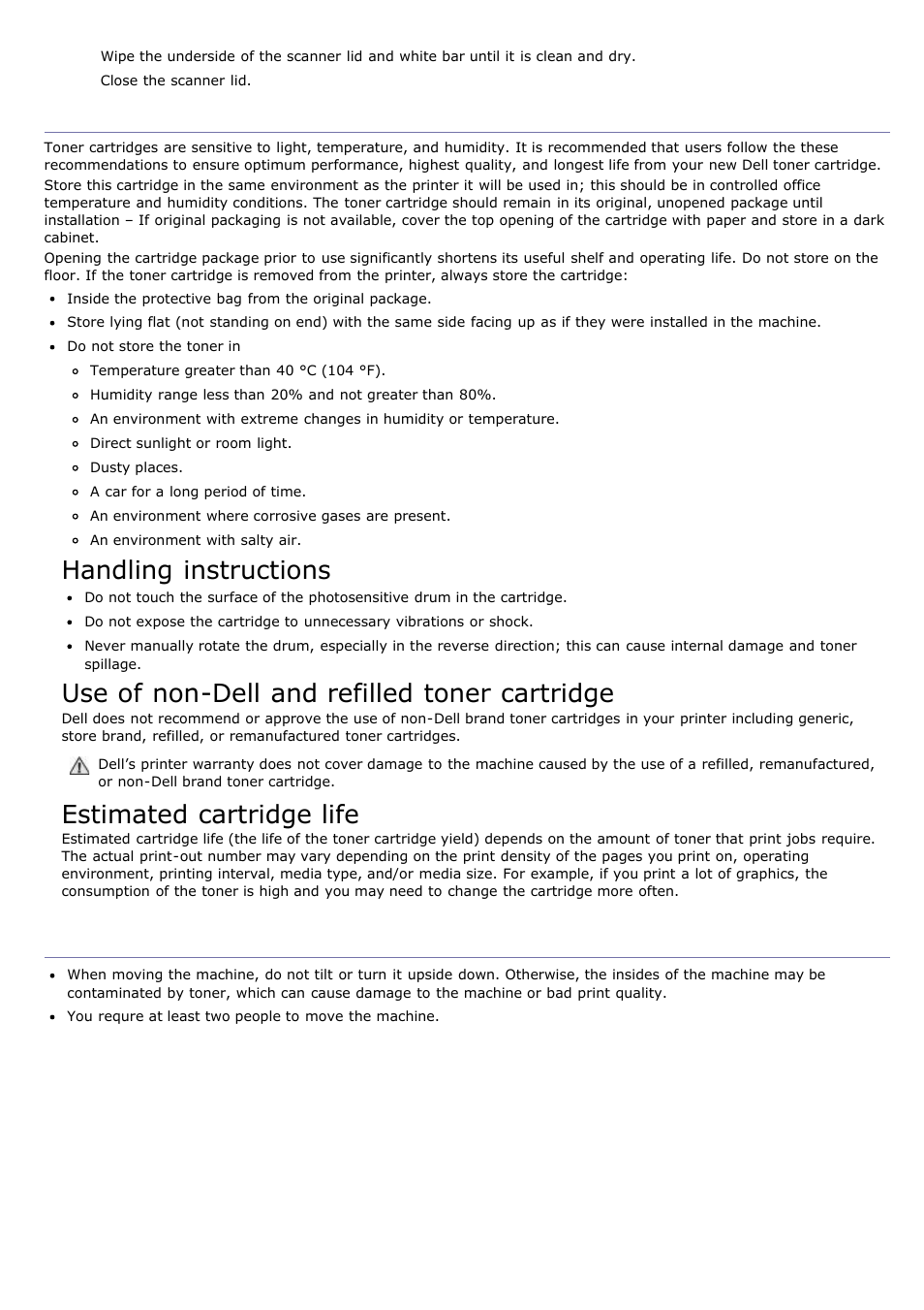 Storing the toner cartridge, Tips for moving & storing your machine, Handling instructions | Use of non-dell and refilled toner cartridge, Estimated cartridge life | Dell 1135n Multifunction Mono Laser Printer User Manual | Page 75 / 138