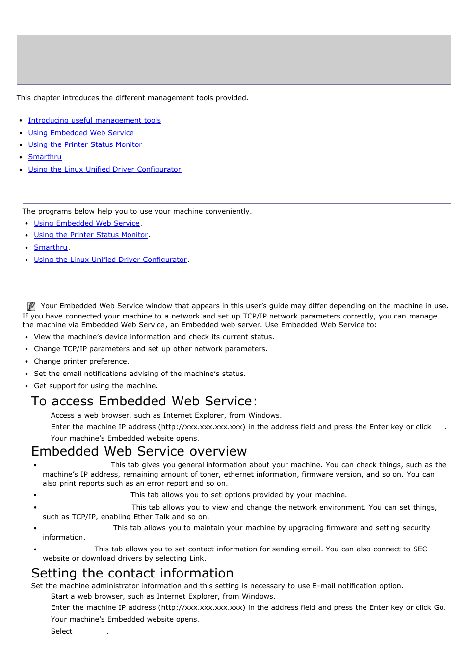 Management tools, Introducing useful management tools, Using embedded web service | Embedded web service overview, Setting the contact information | Dell 1135n Multifunction Mono Laser Printer User Manual | Page 76 / 138