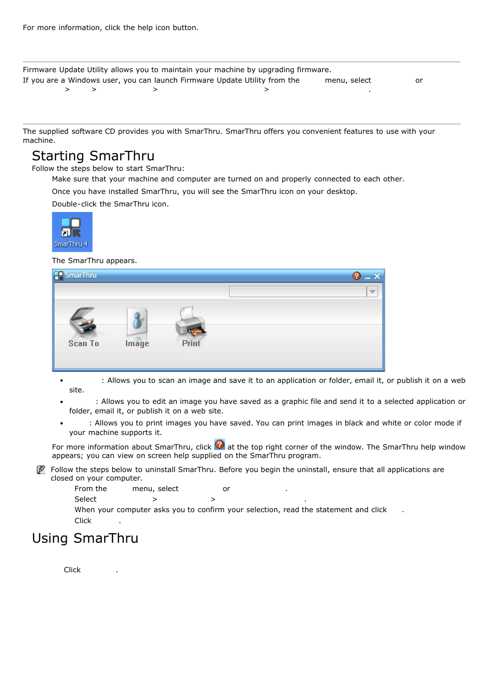 Smarthru, Firmware update utility, Starting smarthru | Using smarthru, Scanning | Dell 1135n Multifunction Mono Laser Printer User Manual | Page 78 / 138