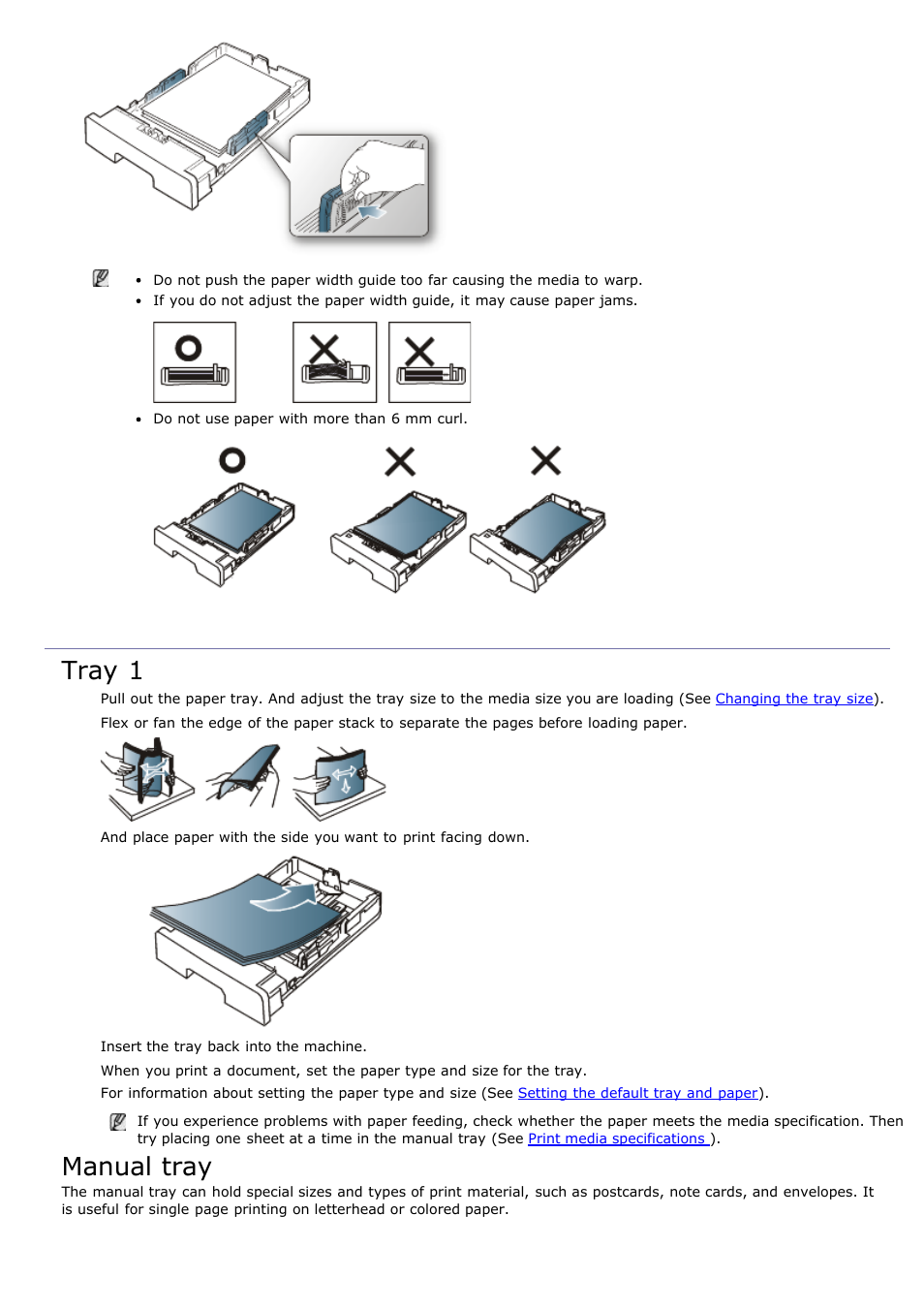 Loading paper in the tray, Tray 1, Manual tray | Tips on using the manual tray | Dell 1135n Multifunction Mono Laser Printer User Manual | Page 89 / 138