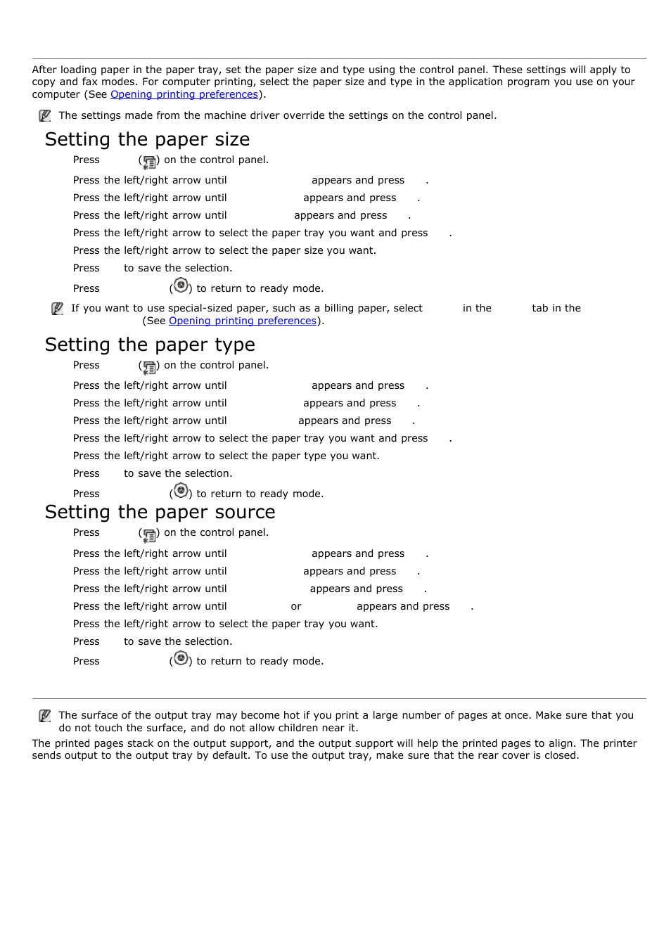 Setting the paper size and type, Using the output support, Setting the paper size | Setting the paper type, Setting the paper source | Dell 1135n Multifunction Mono Laser Printer User Manual | Page 94 / 138