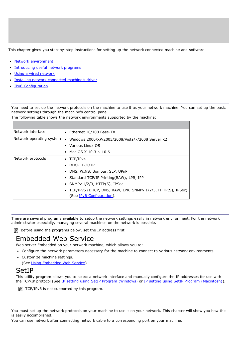 Network setup, Network environment, Introducing useful network programs | Using a wired network, Embedded web service, Setip | Dell 1135n Multifunction Mono Laser Printer User Manual | Page 96 / 138