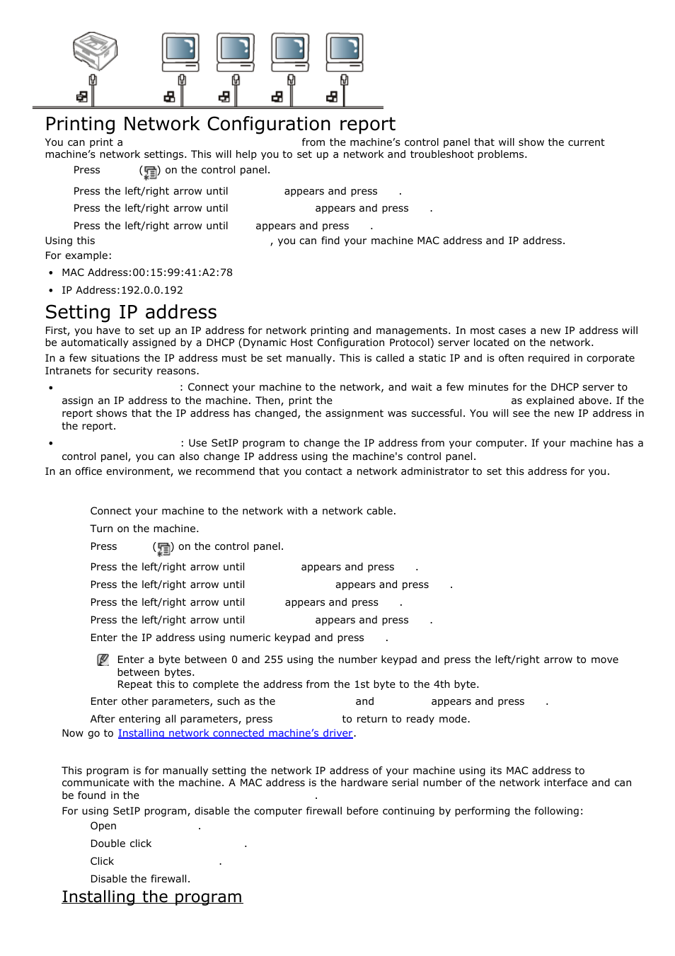 Ip setting using setip program (windows), Printing network configuration report, Setting ip address | Ip setting using control panel, Installing the program | Dell 1135n Multifunction Mono Laser Printer User Manual | Page 97 / 138