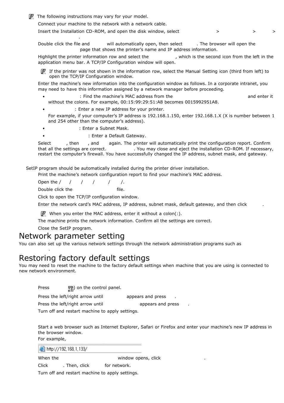 Network parameter setting, Restoring factory default settings, Ip setting using setip program (linux) | Dell 1135n Multifunction Mono Laser Printer User Manual | Page 99 / 138