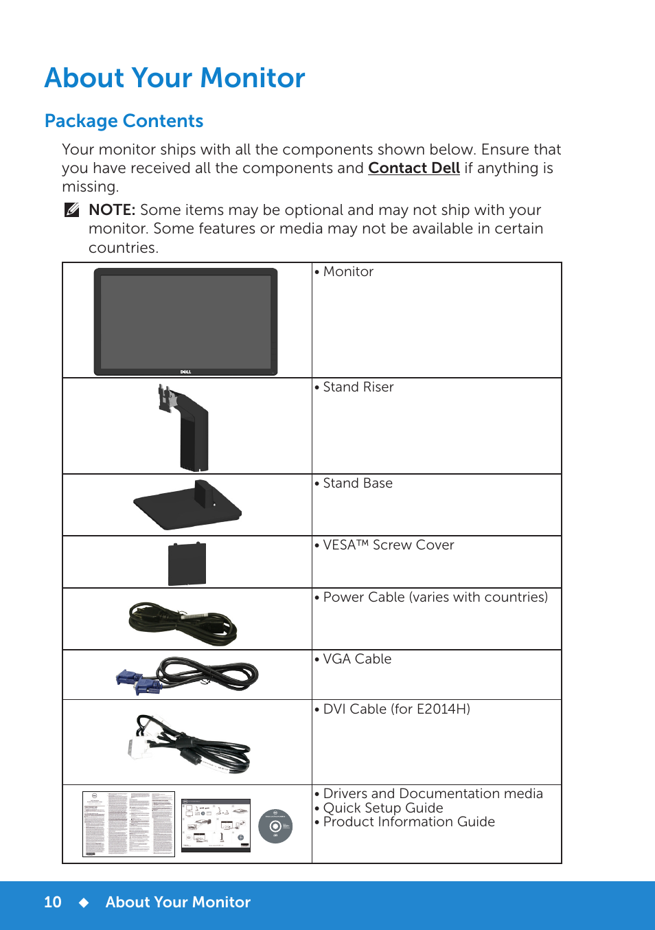 About your monitor, Package contents | Dell E1914H Monitor User Manual | Page 10 / 81