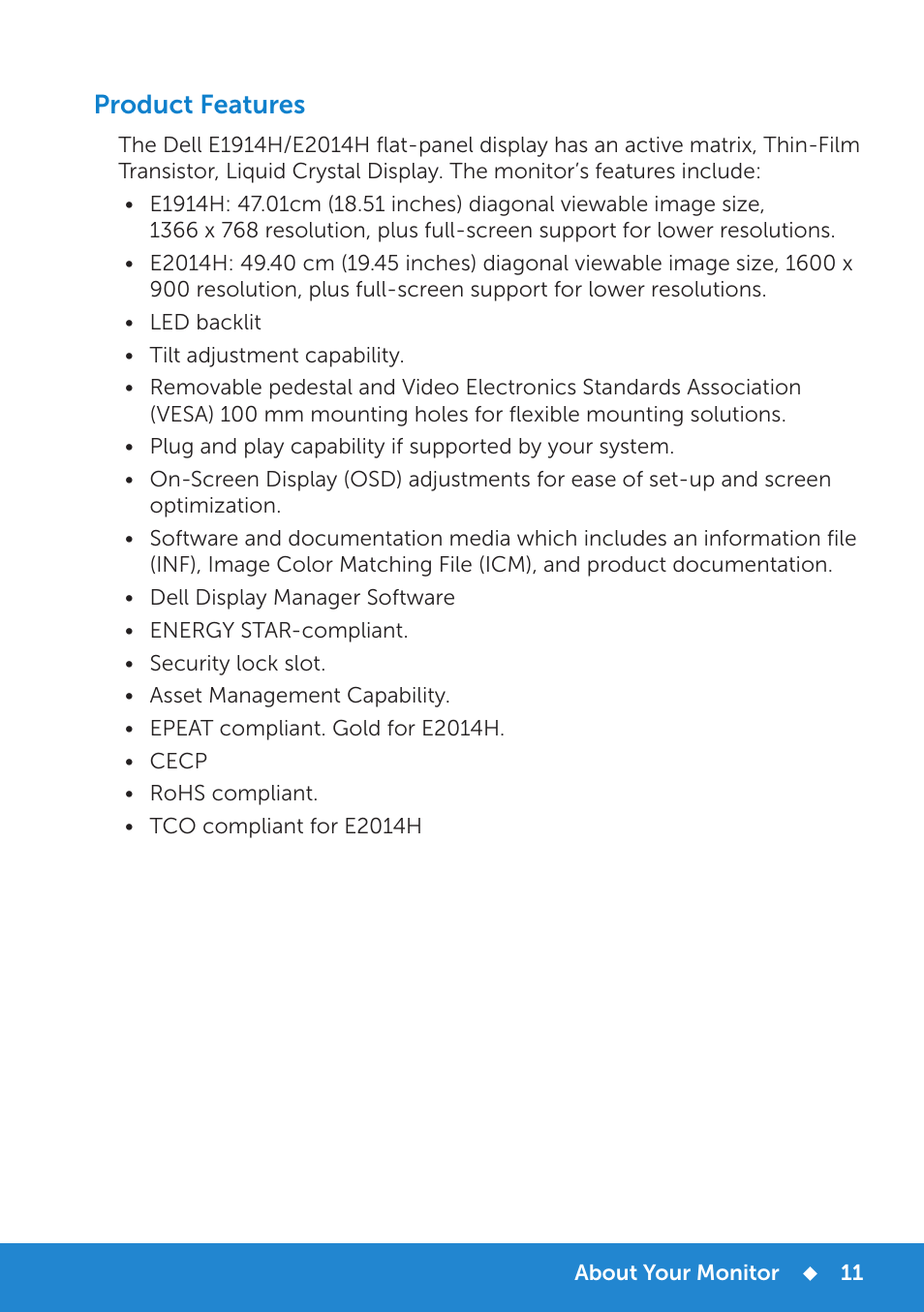 Product features | Dell E1914H Monitor User Manual | Page 11 / 81