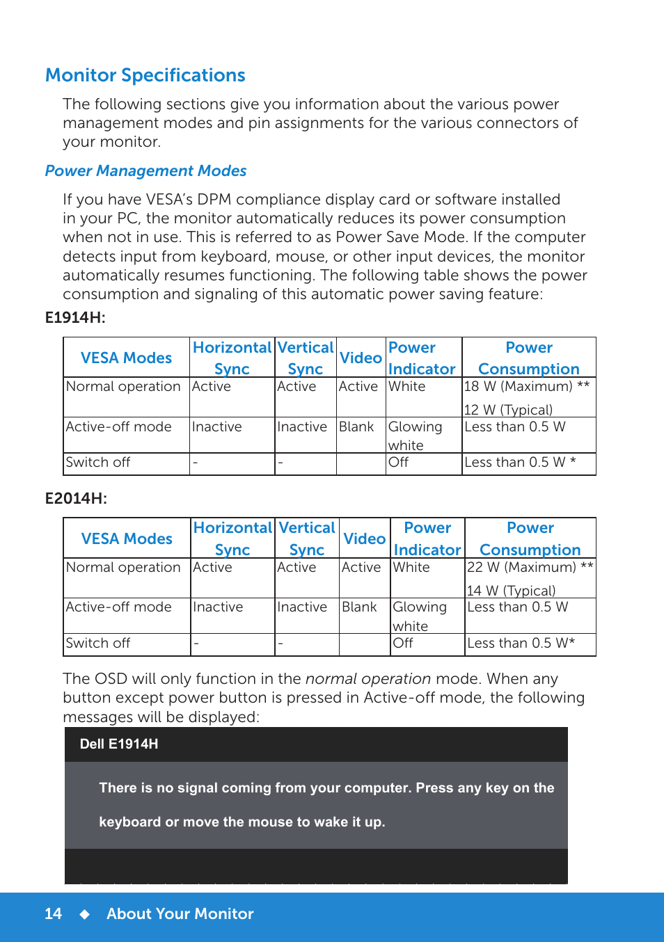 Monitor specifications, Power management modes | Dell E1914H Monitor User Manual | Page 14 / 81