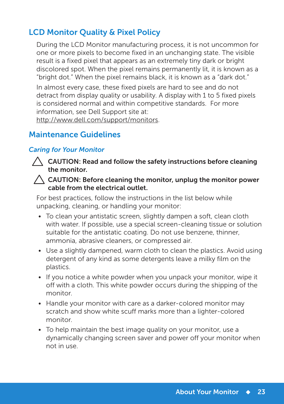 Lcd monitor quality & pixel policy, Maintenance guidelines, Caring for your monitor | Dell E1914H Monitor User Manual | Page 23 / 81