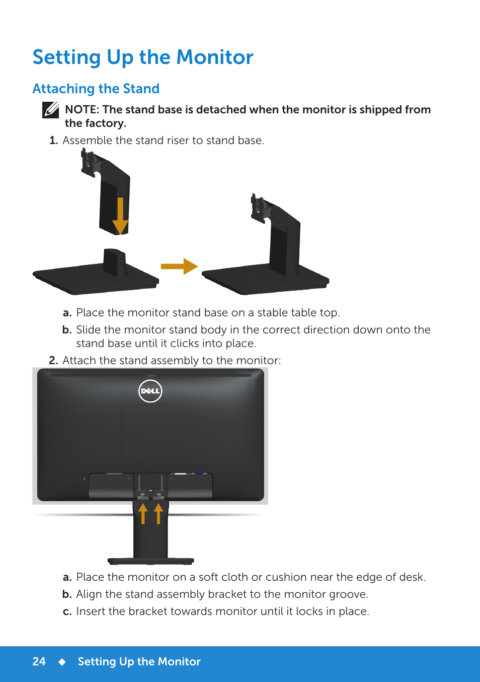 Setting up the monitor, Attaching the stand | Dell E1914H Monitor User Manual | Page 24 / 81