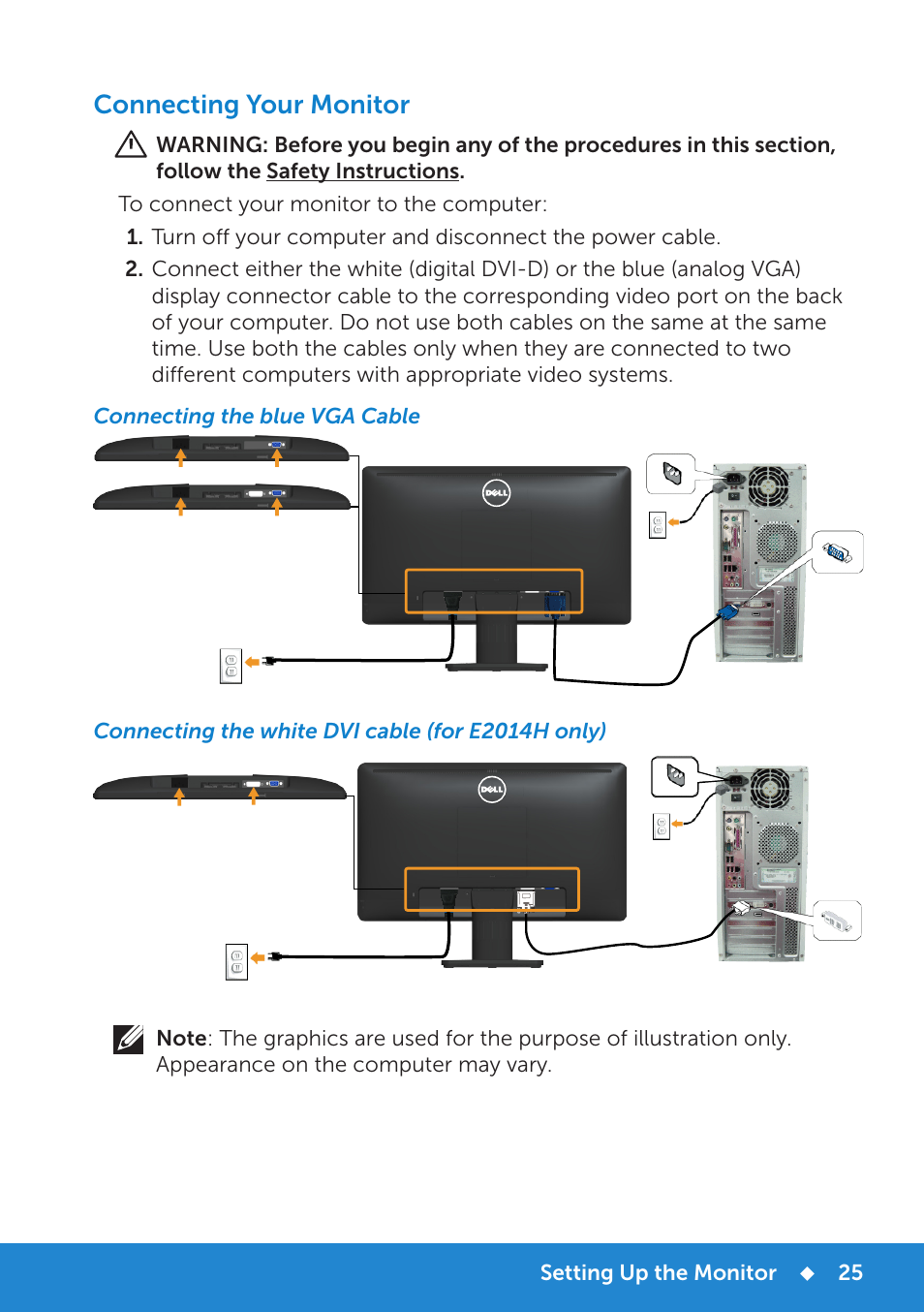 Connecting your monitor, Connecting the blue vga cable, Connecting the white dvi cable (for e2014h only) | Dell E1914H Monitor User Manual | Page 25 / 81