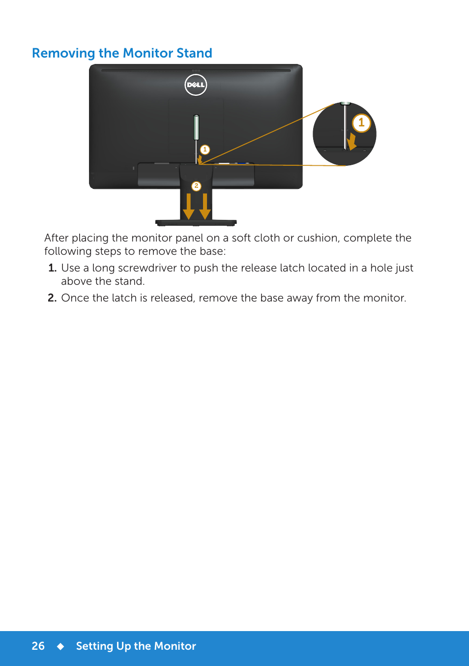 Removing the monitor stand | Dell E1914H Monitor User Manual | Page 26 / 81