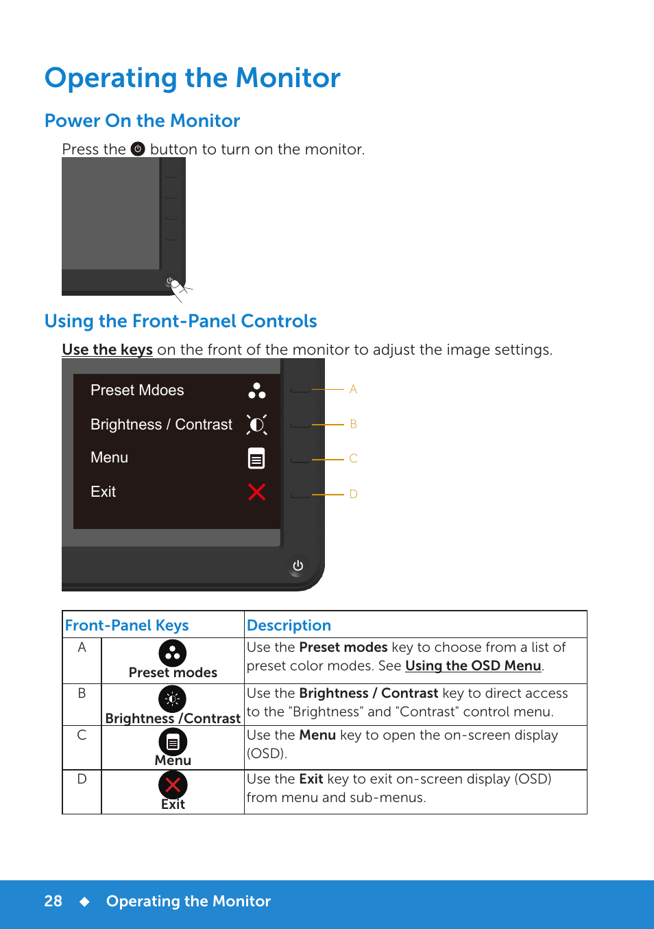 Operating the monitor, Power on the monitor, Using the front-panel controls | Dell E1914H Monitor User Manual | Page 28 / 81