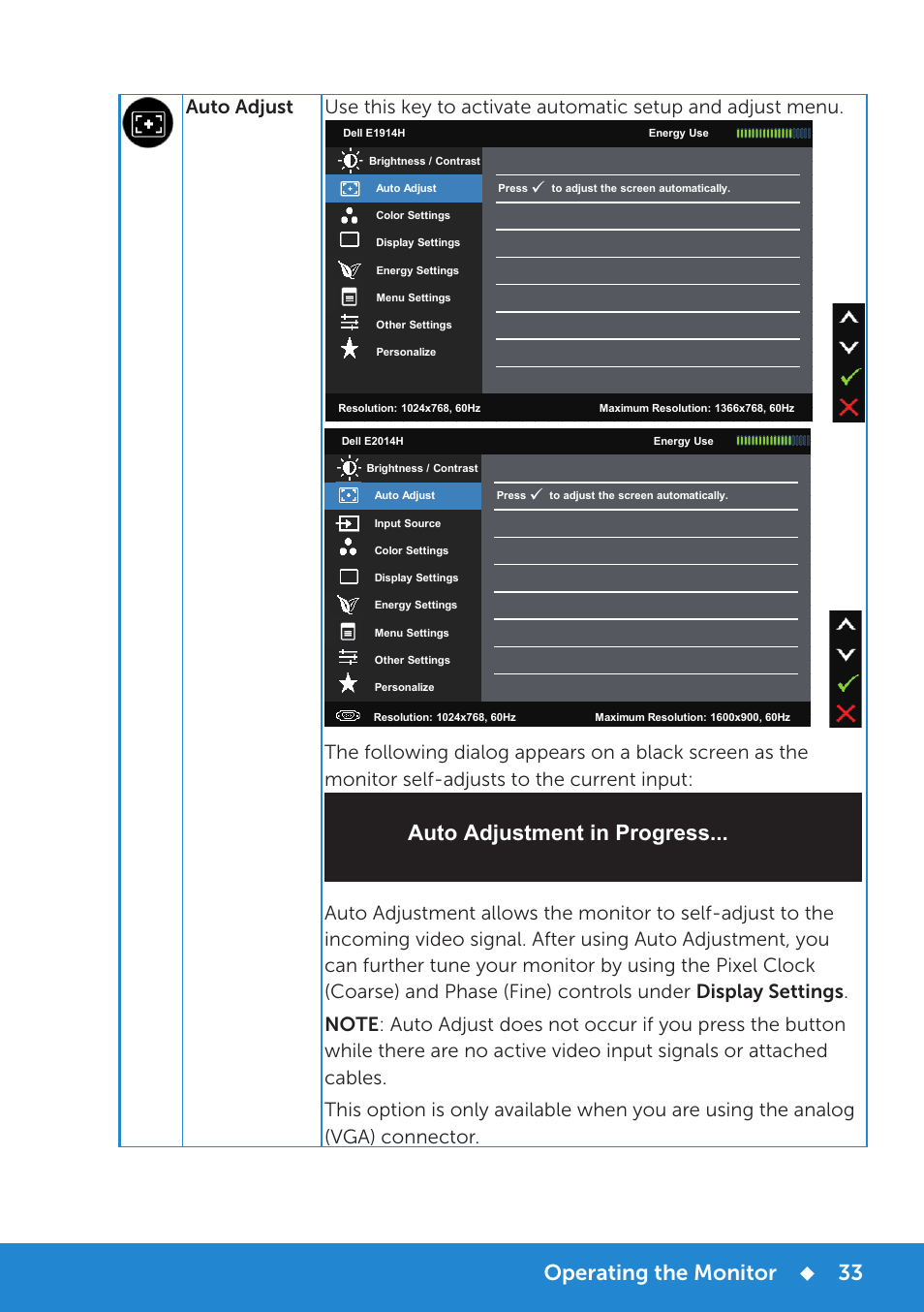 Operating the monitor, Auto adjustment in progress | Dell E1914H Monitor User Manual | Page 33 / 81