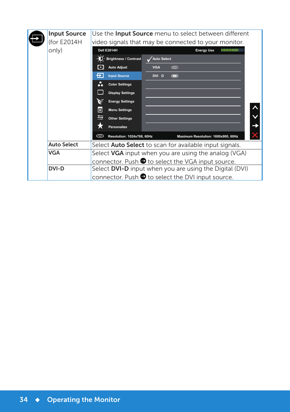 Operating the monitor, Auto select, Dvi-d | Dell E1914H Monitor User Manual | Page 34 / 81