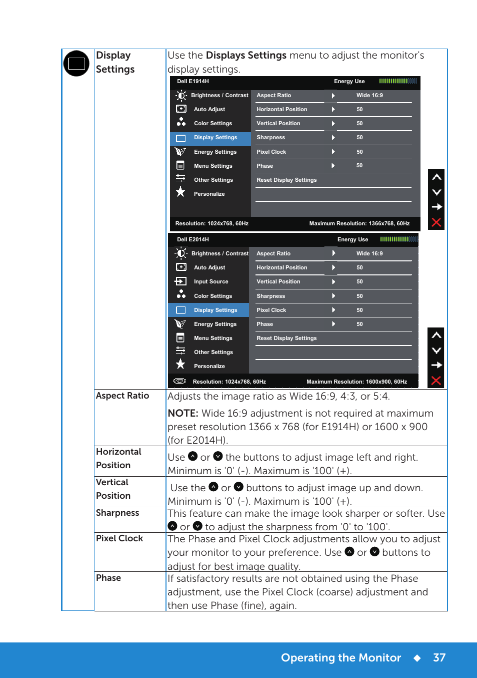 Operating the monitor, Aspect ratio, Horizontal position | Vertical position, Sharpness, Pixel clock, Phase | Dell E1914H Monitor User Manual | Page 37 / 81