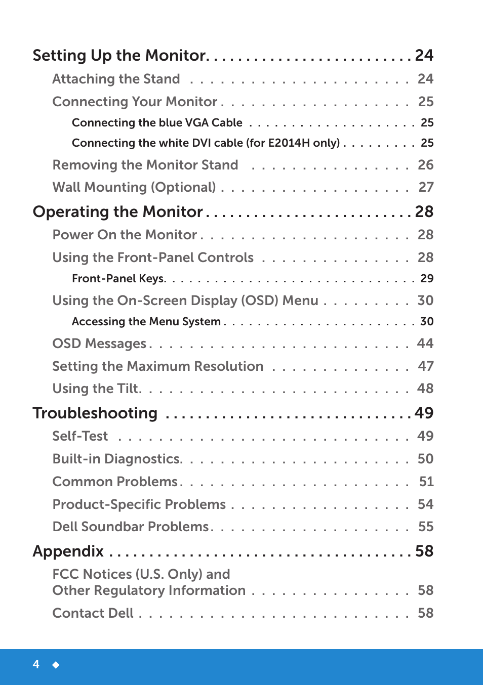 Setting up the monitor, Operating the monitor, Troubleshooting | Appendix | Dell E1914H Monitor User Manual | Page 4 / 81