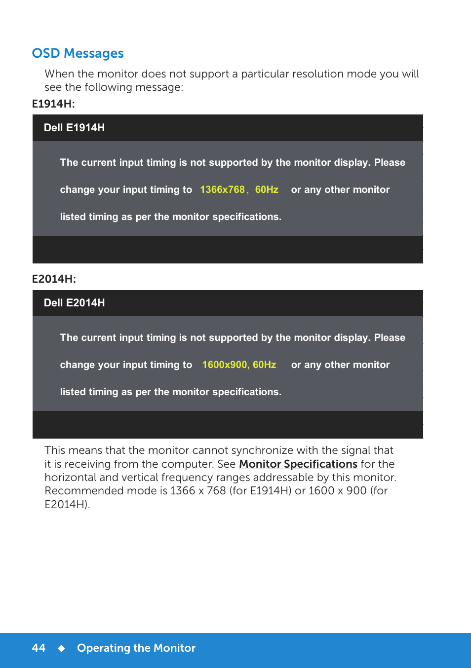 Osd messages | Dell E1914H Monitor User Manual | Page 44 / 81