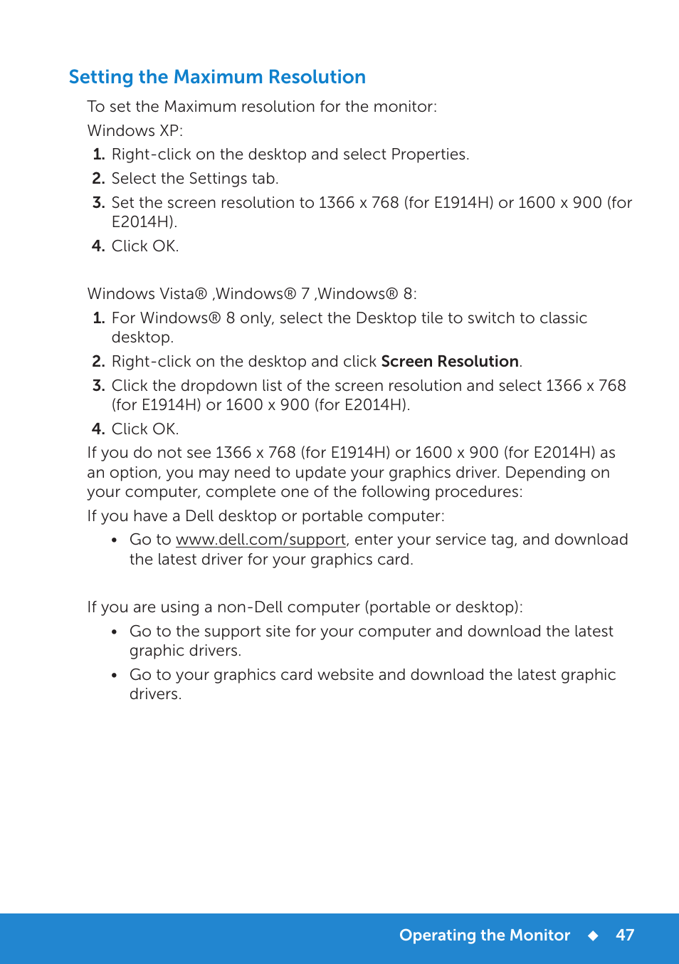Setting the maximum resolution | Dell E1914H Monitor User Manual | Page 47 / 81