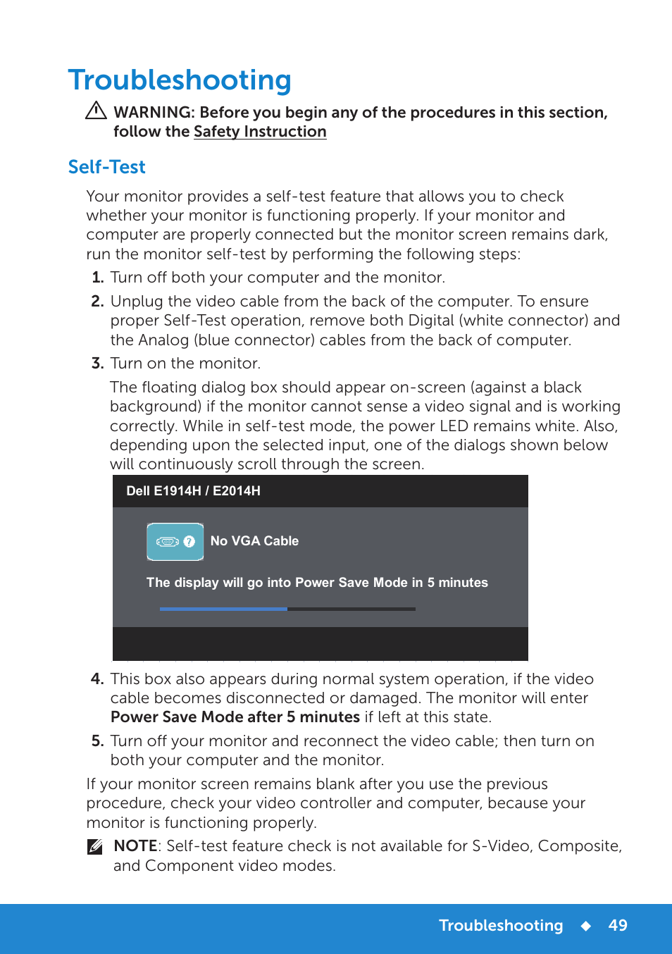 Troubleshooting, Self-test | Dell E1914H Monitor User Manual | Page 49 / 81