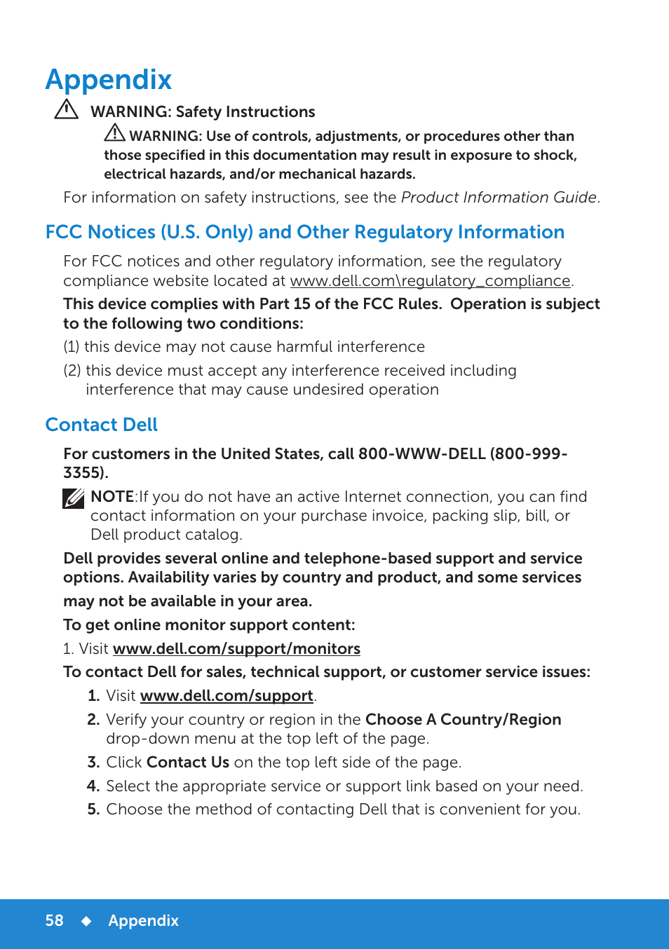Appendix, Contact dell | Dell E1914H Monitor User Manual | Page 58 / 81