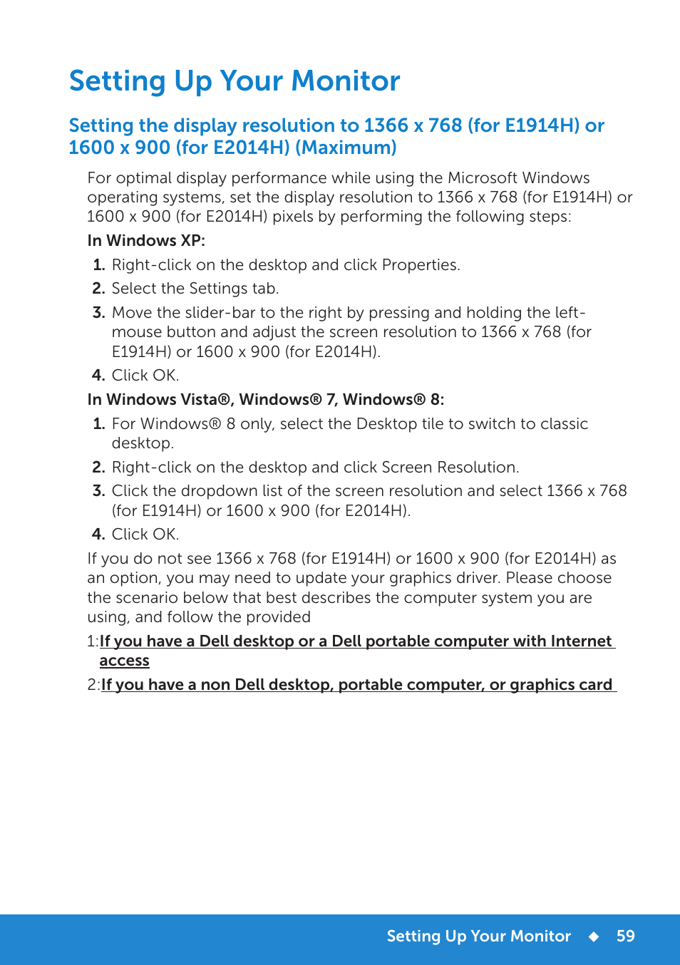 Setting up your monitor | Dell E1914H Monitor User Manual | Page 59 / 81