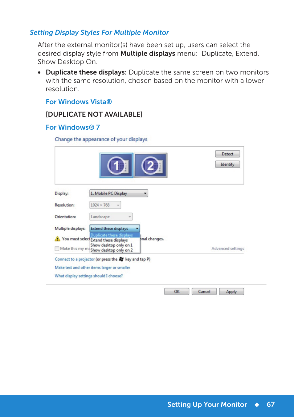 Setting display styles for multiple monitor | Dell E1914H Monitor User Manual | Page 67 / 81