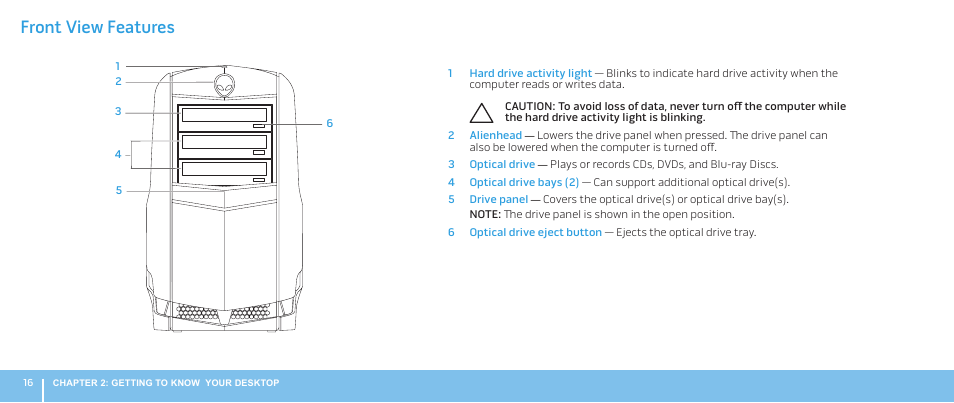 Front view features | Dell Alienware Aurora ALX (Late 2009) User Manual | Page 16 / 68